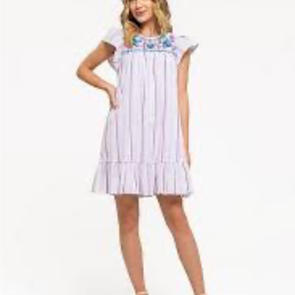August Sky White/purple striped Dress with Turquoise Embroidery